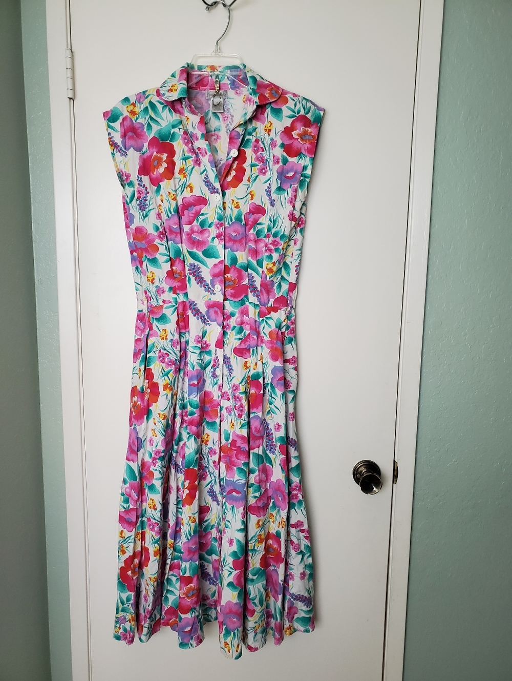 Vtg Gloria Vanderbilt Sleeveless Button Down Bright Floral Midi Dress w/Belt M